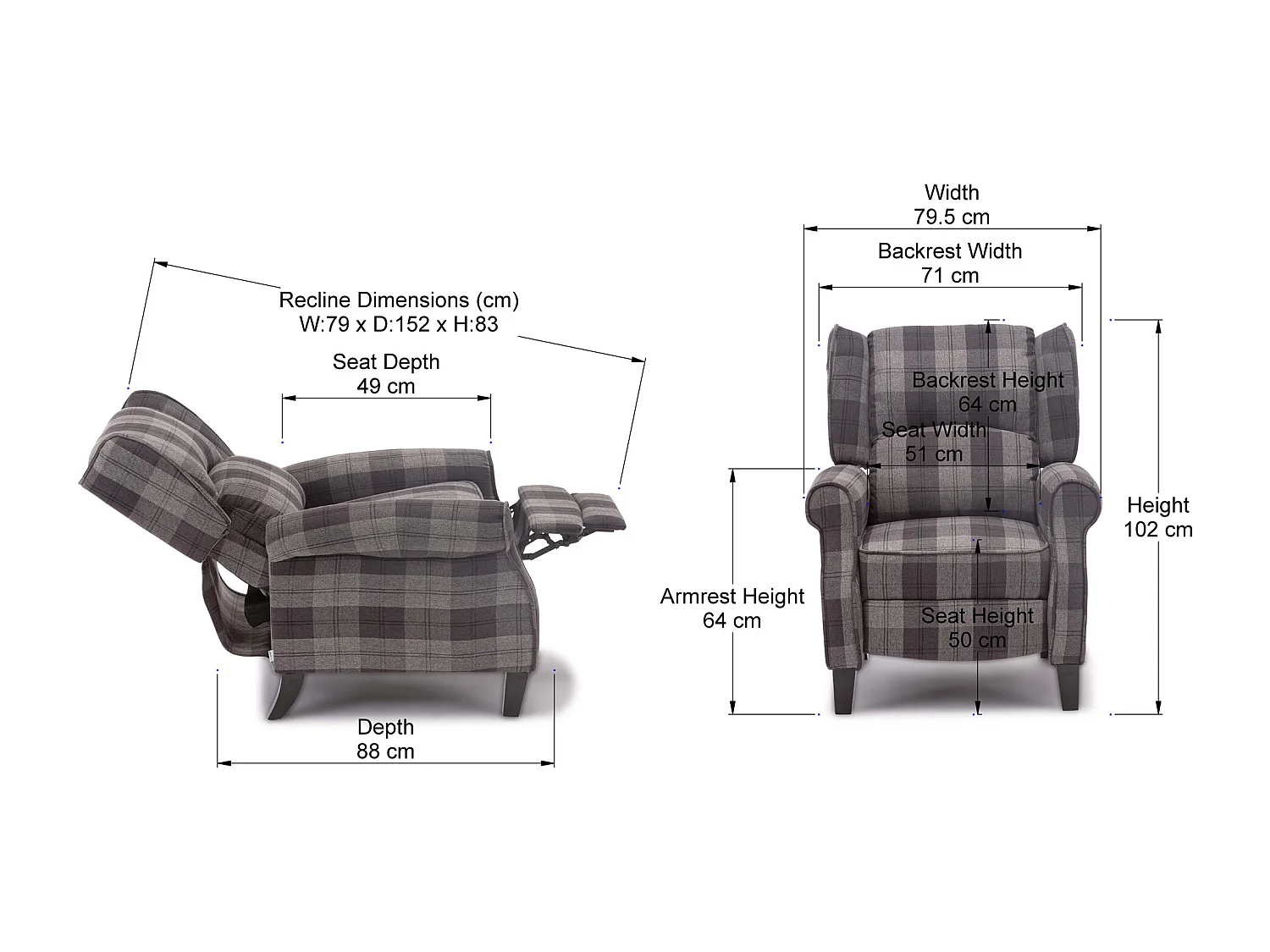 Eaton Wing Back Fireside Checkered Fabric Pushback Recliner Chair