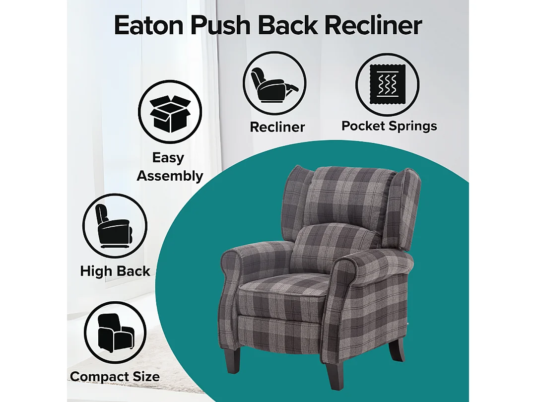 Eaton Wing Back Fireside Checkered Fabric Pushback Recliner Chair