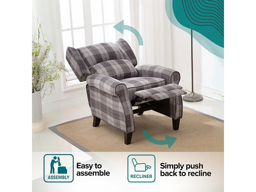 Eaton Wing Back Fireside Checkered Fabric Pushback Recliner Chair