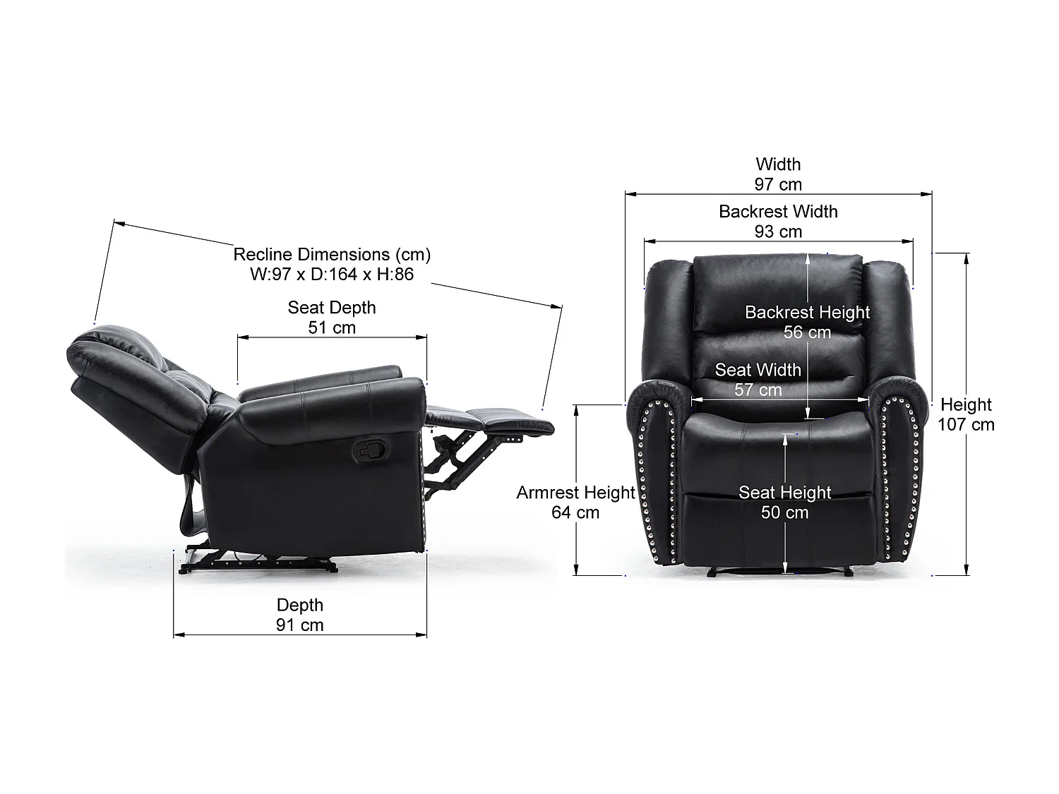 Denver Bonded Leather Manual Recliner Stud Sofa Home Lounge Chair