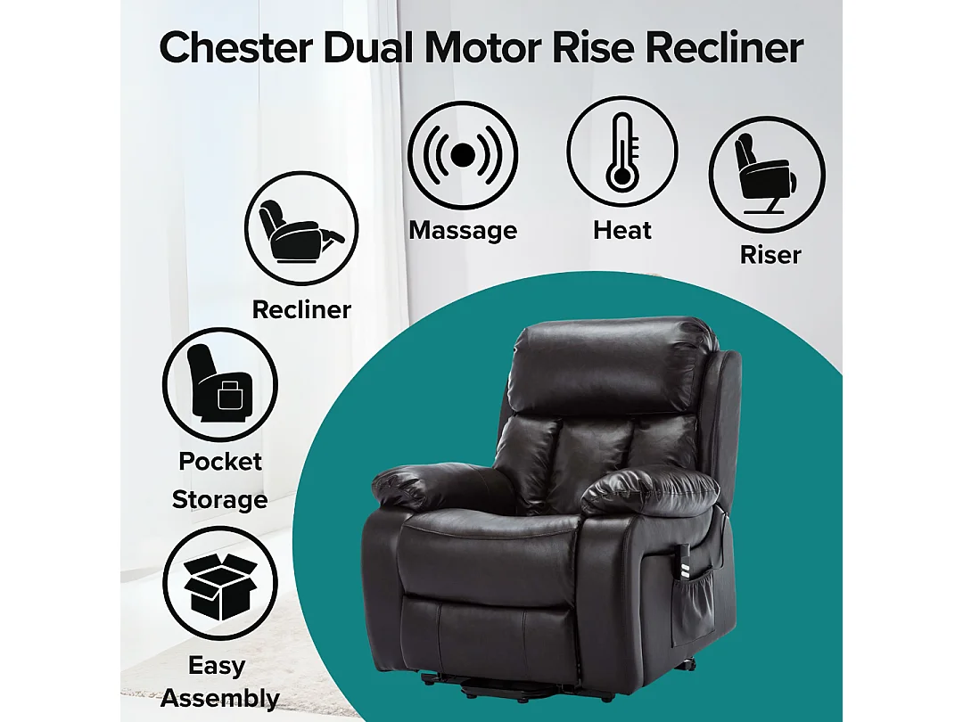 Chester Dual Motor Rise Recliner Heat and Massage Bonded Leather Chair