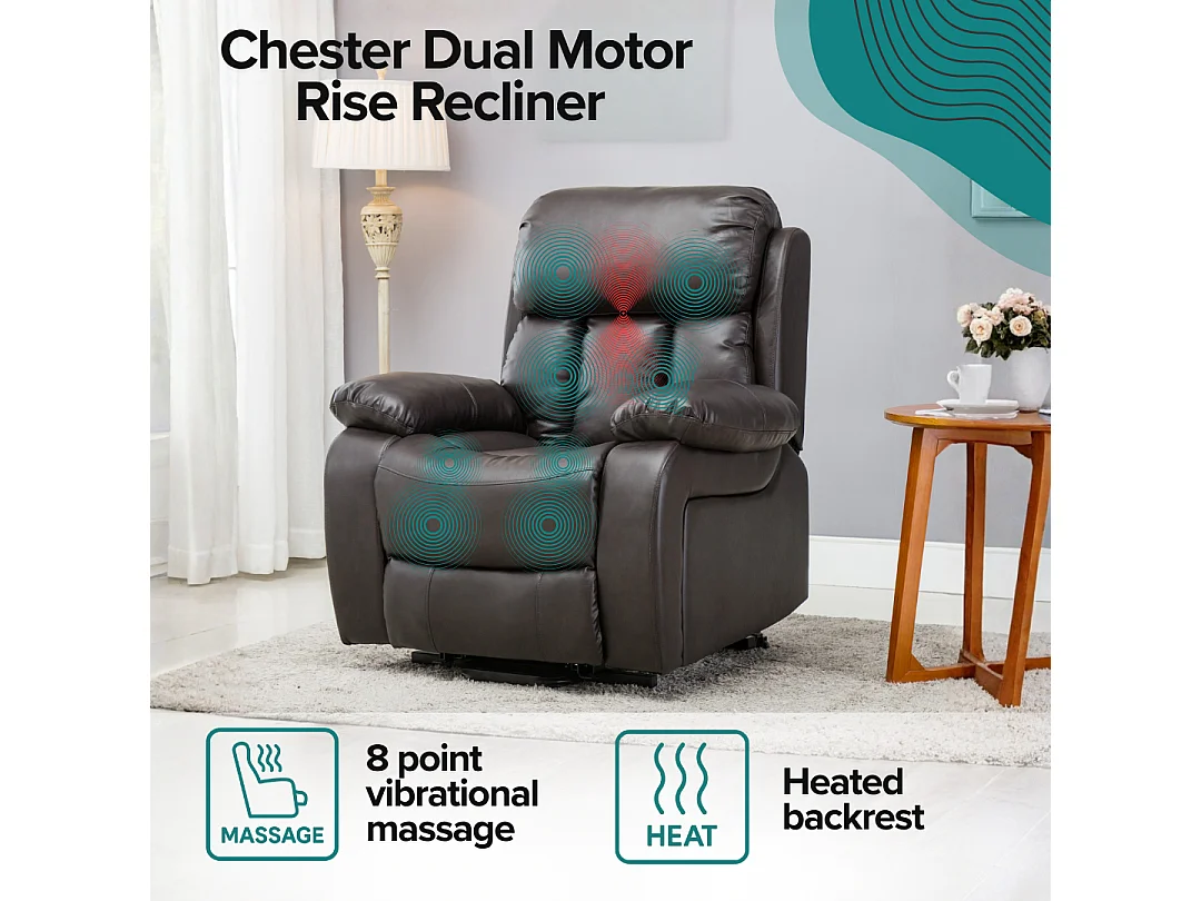 Chester Dual Motor Rise Recliner Heat and Massage Bonded Leather Chair