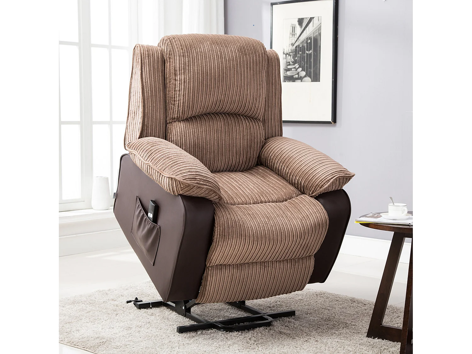 Postana Single Motor Electric Rise Recliner Jumbo Cord Fabric Chair