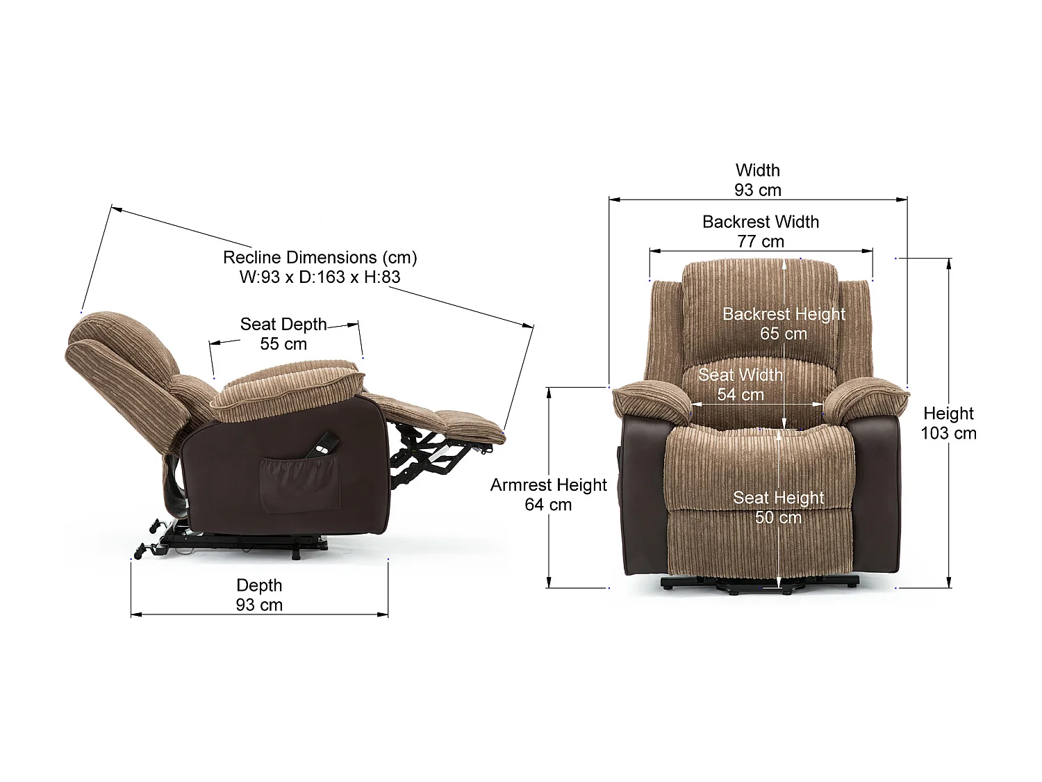 Postana Single Motor Electric Rise Recliner Jumbo Cord Fabric Chair