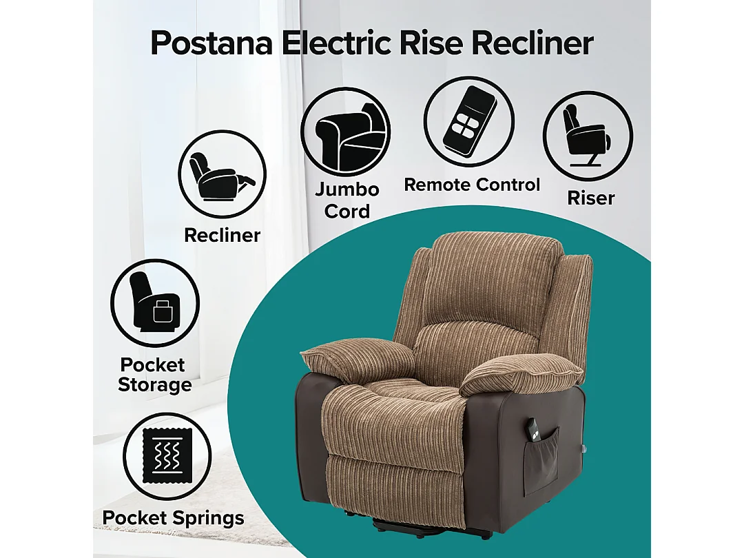 Postana Single Motor Electric Rise Recliner Jumbo Cord Fabric Chair