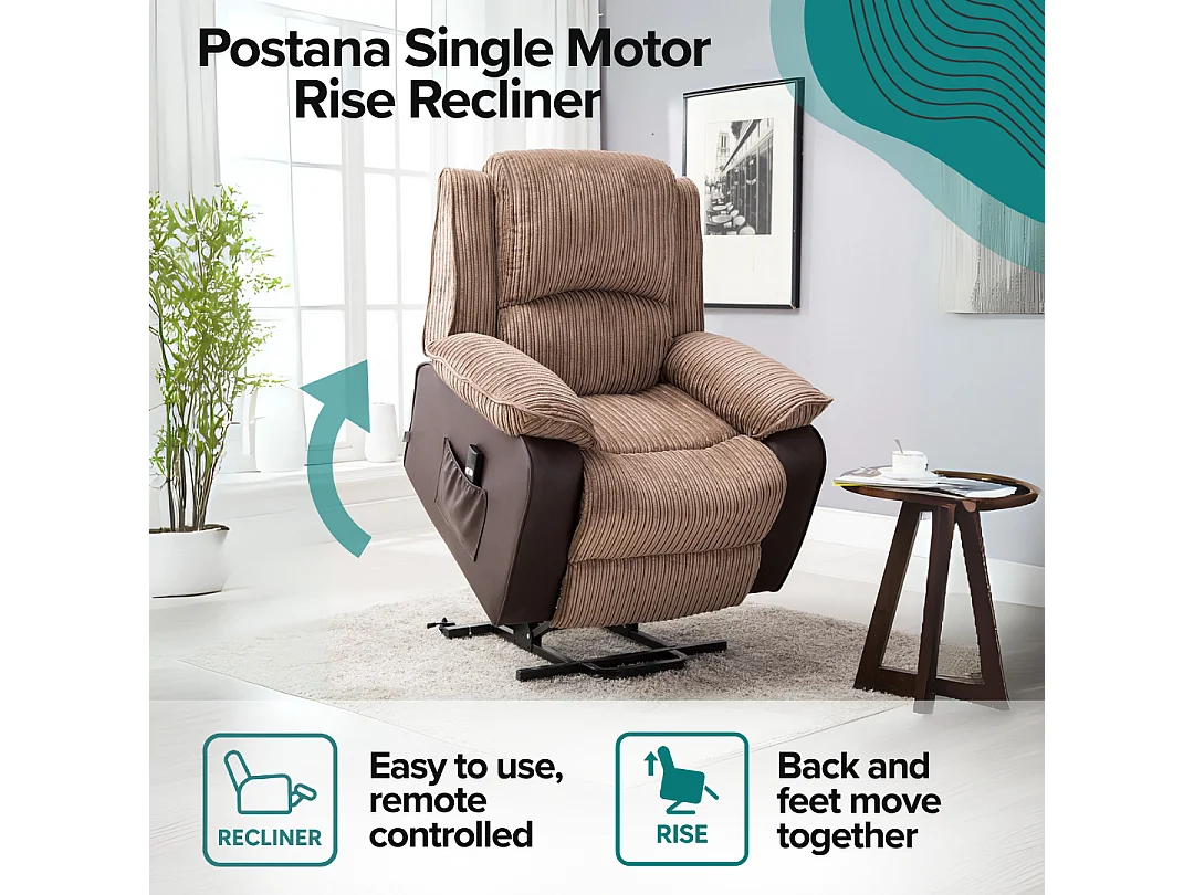 Postana Single Motor Electric Rise Recliner Jumbo Cord Fabric Chair
