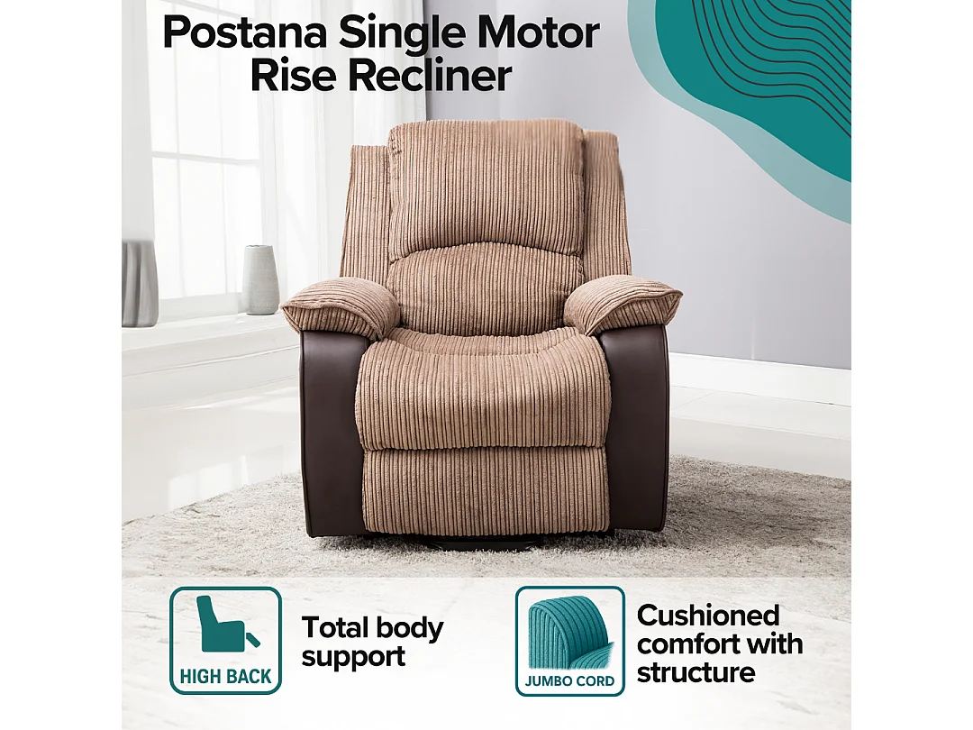 Postana Single Motor Electric Rise Recliner Jumbo Cord Fabric Chair