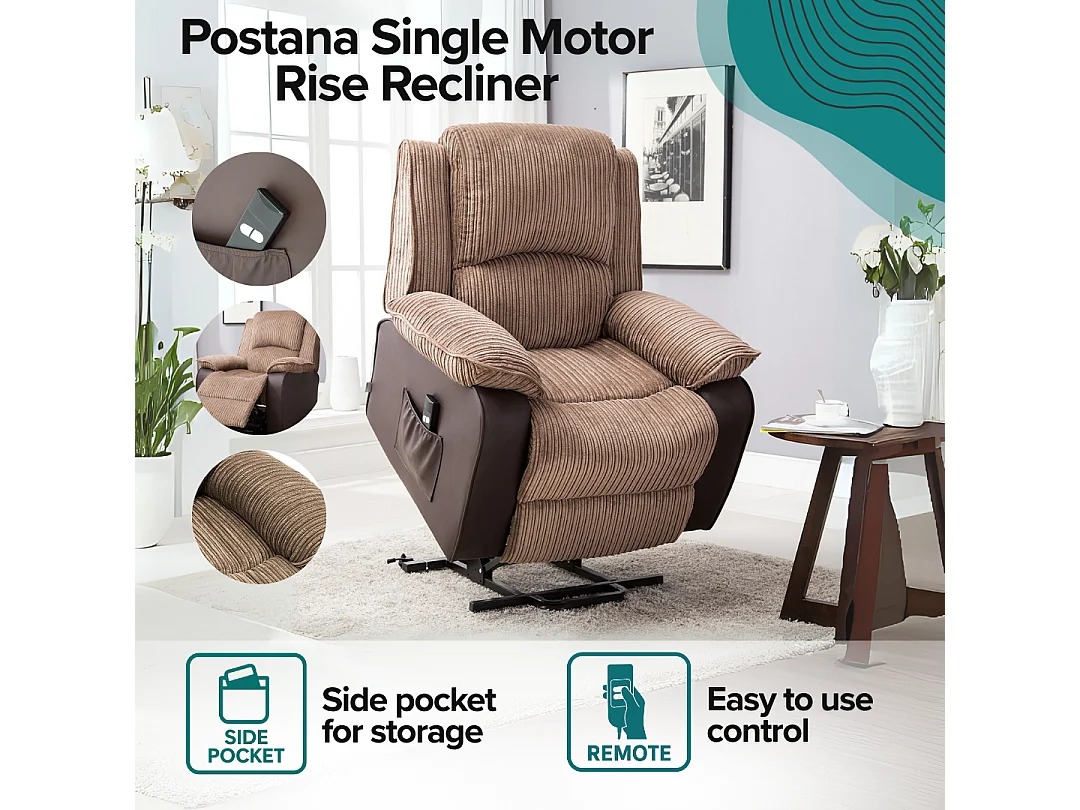 Postana Single Motor Electric Rise Recliner Jumbo Cord Fabric Chair