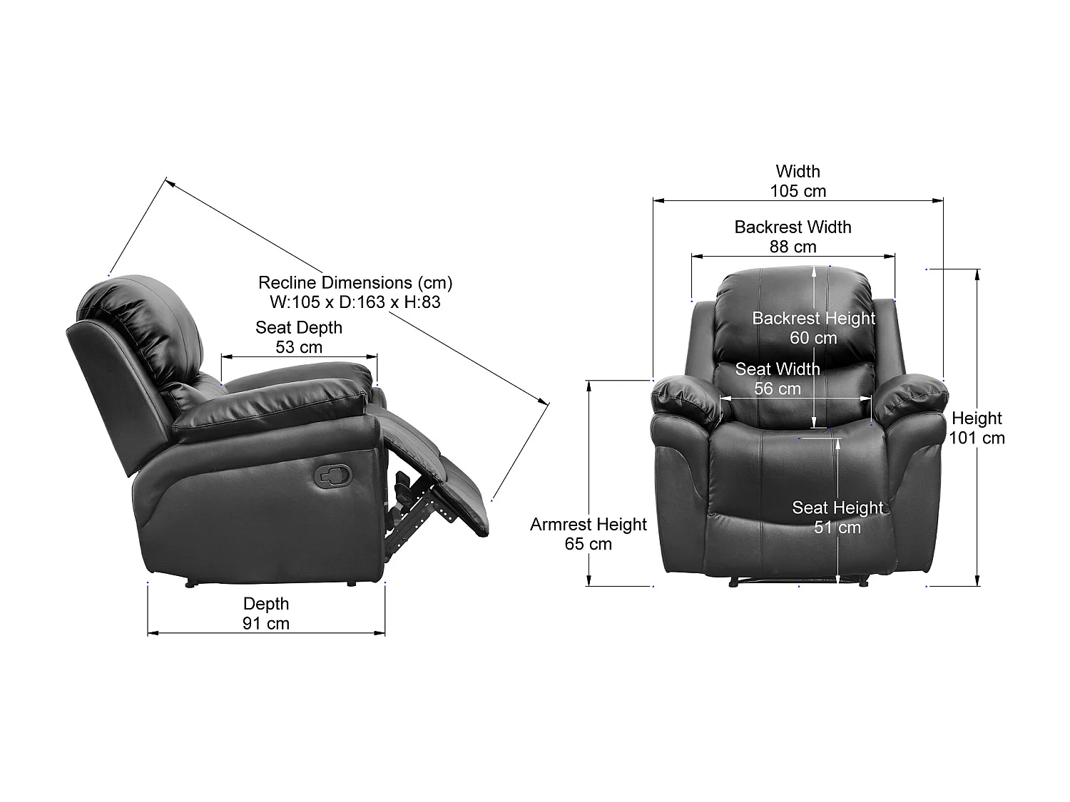Madison Bonded Leather Manual Recliner Sofa Home Lounge Chair