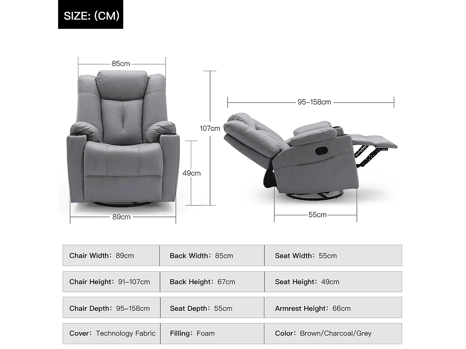 Afton Technology Fabric Recliner Rocking Swivel Cinema Sofa Chair