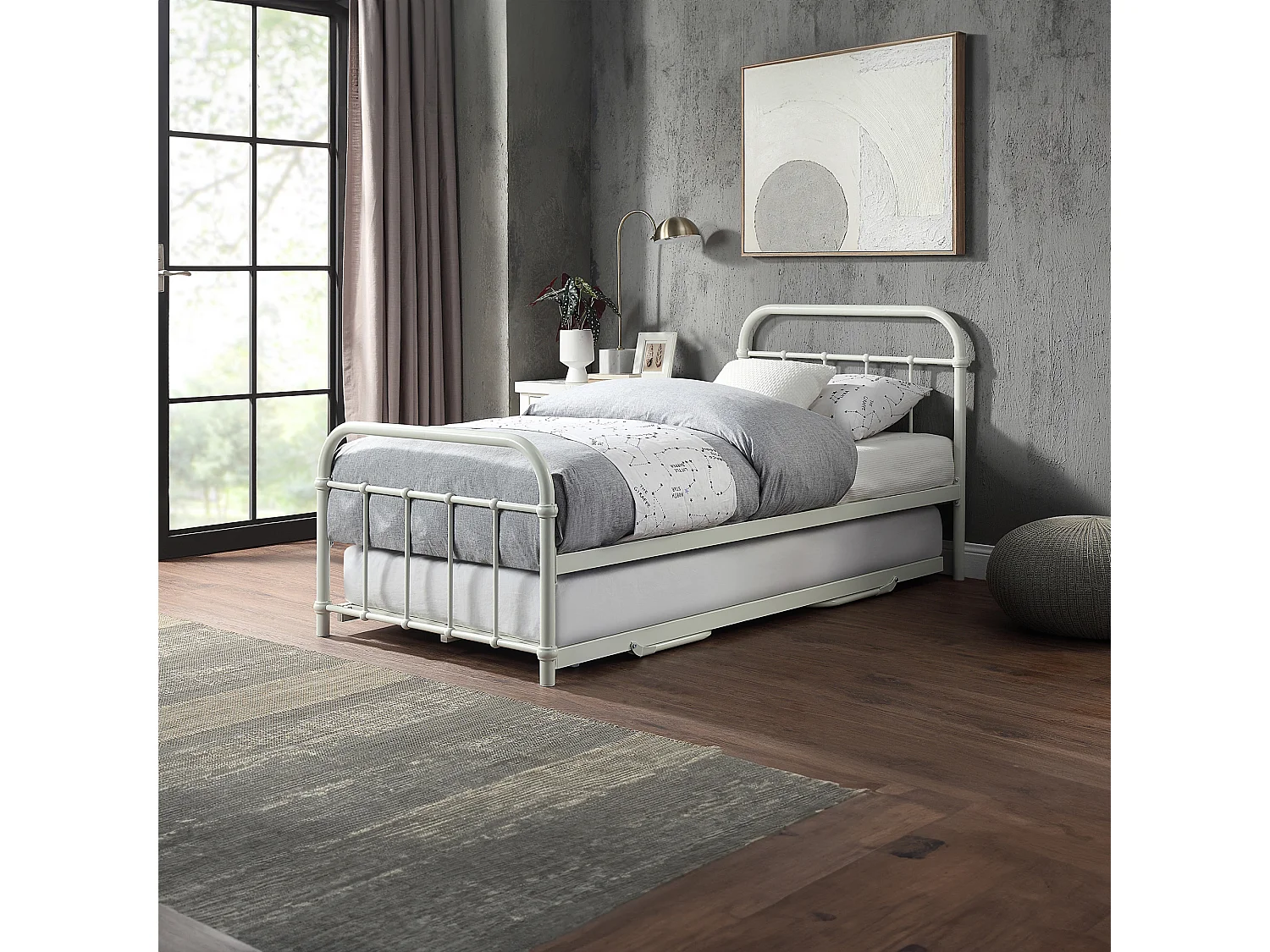 Tewin Vintage Hospital Style Single Metal Bed Frame w Guest Trundle