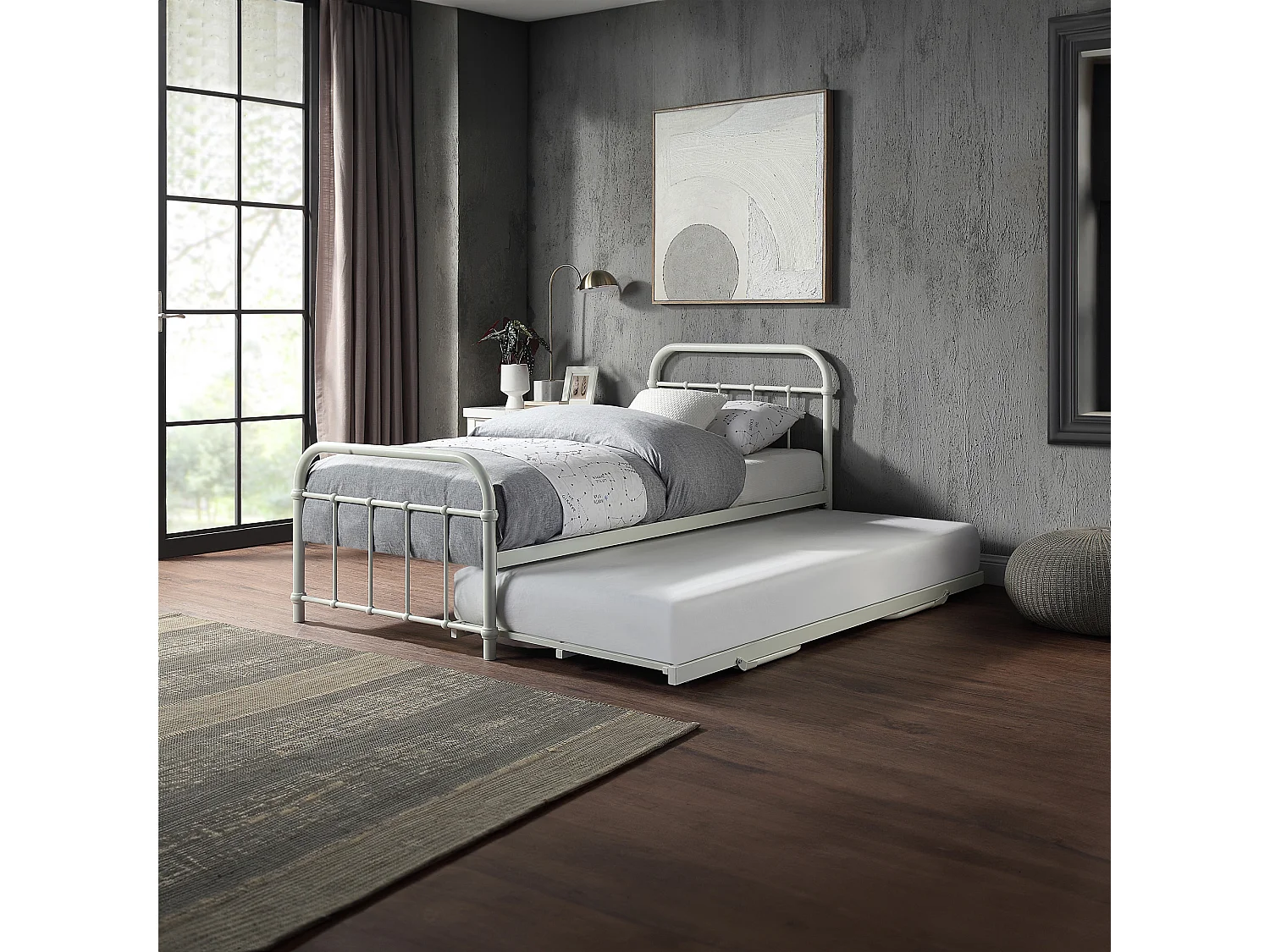 Tewin Vintage Hospital Style Single Metal Bed Frame w Guest Trundle