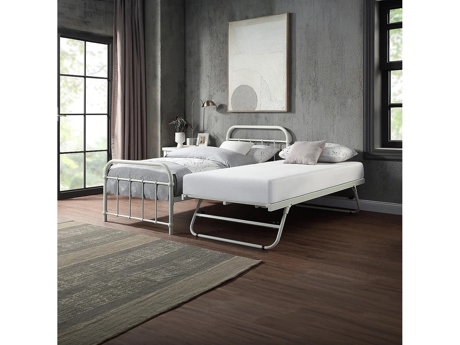Tewin Vintage Hospital Style Single Metal Bed Frame w Guest Trundle