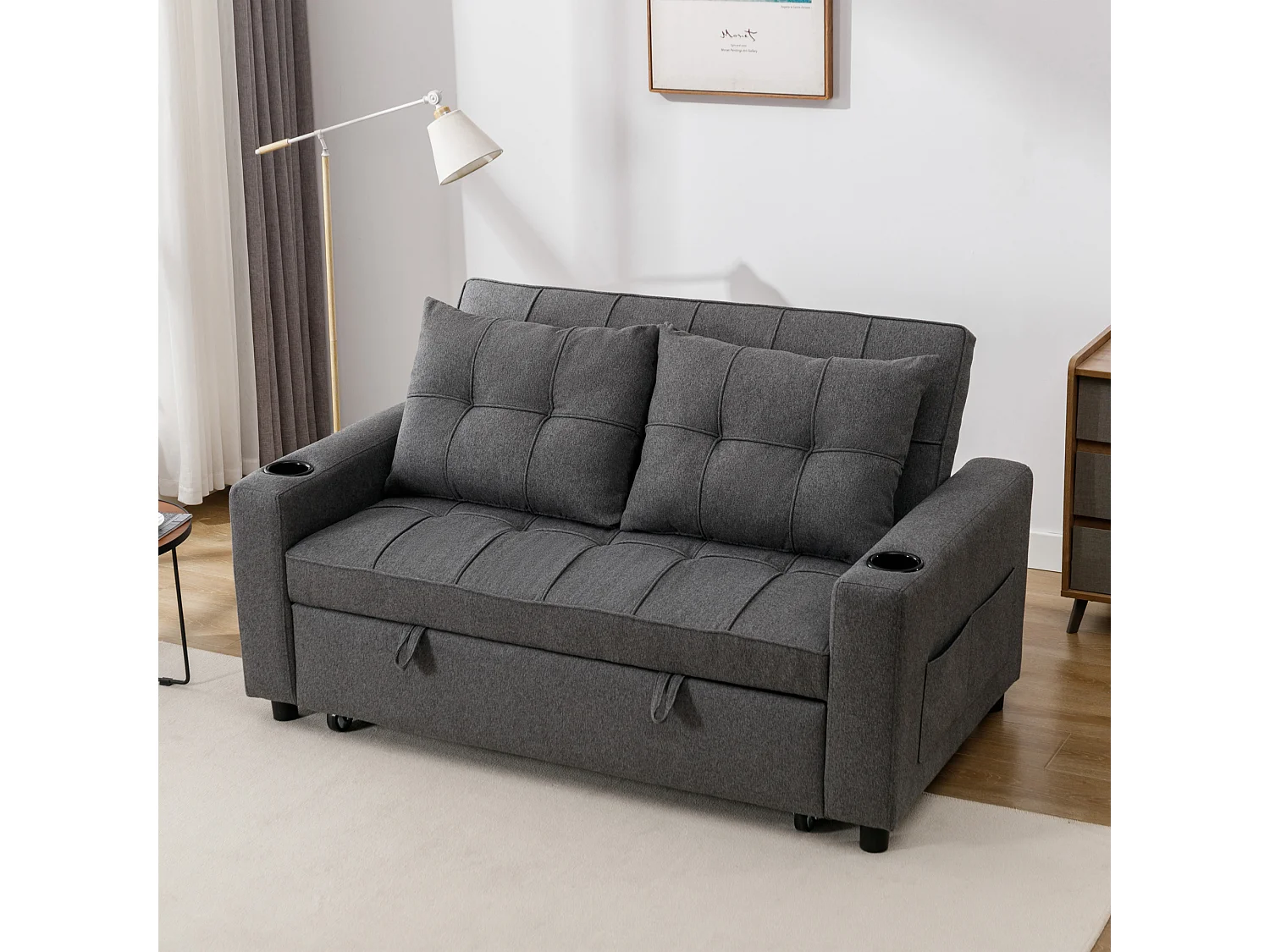 Hudson 2-Seater Sofa Bed Linen Fabric with Cup Holders