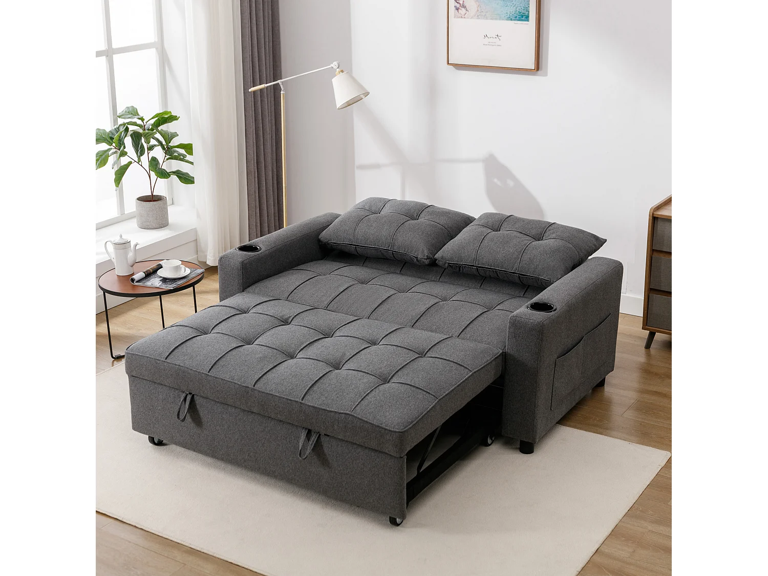 Hudson 2-Seater Sofa Bed Linen Fabric with Cup Holders