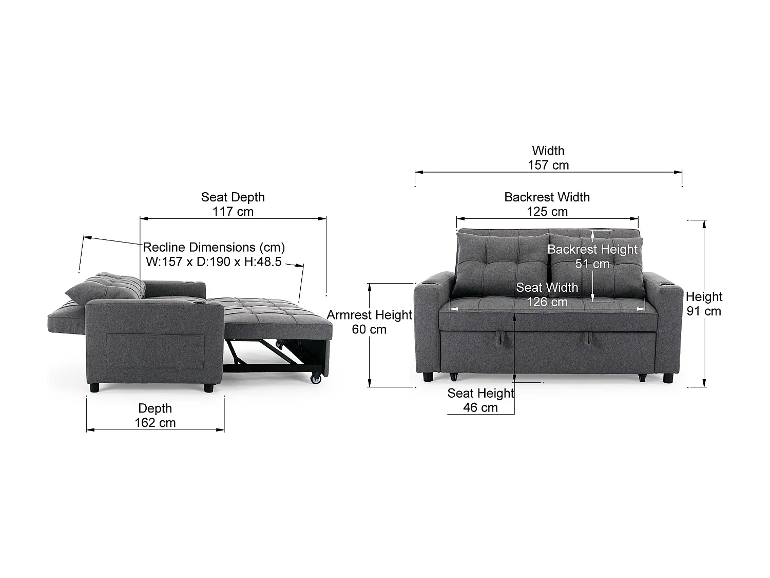 Hudson 2-Seater Sofa Bed Linen Fabric with Cup Holders