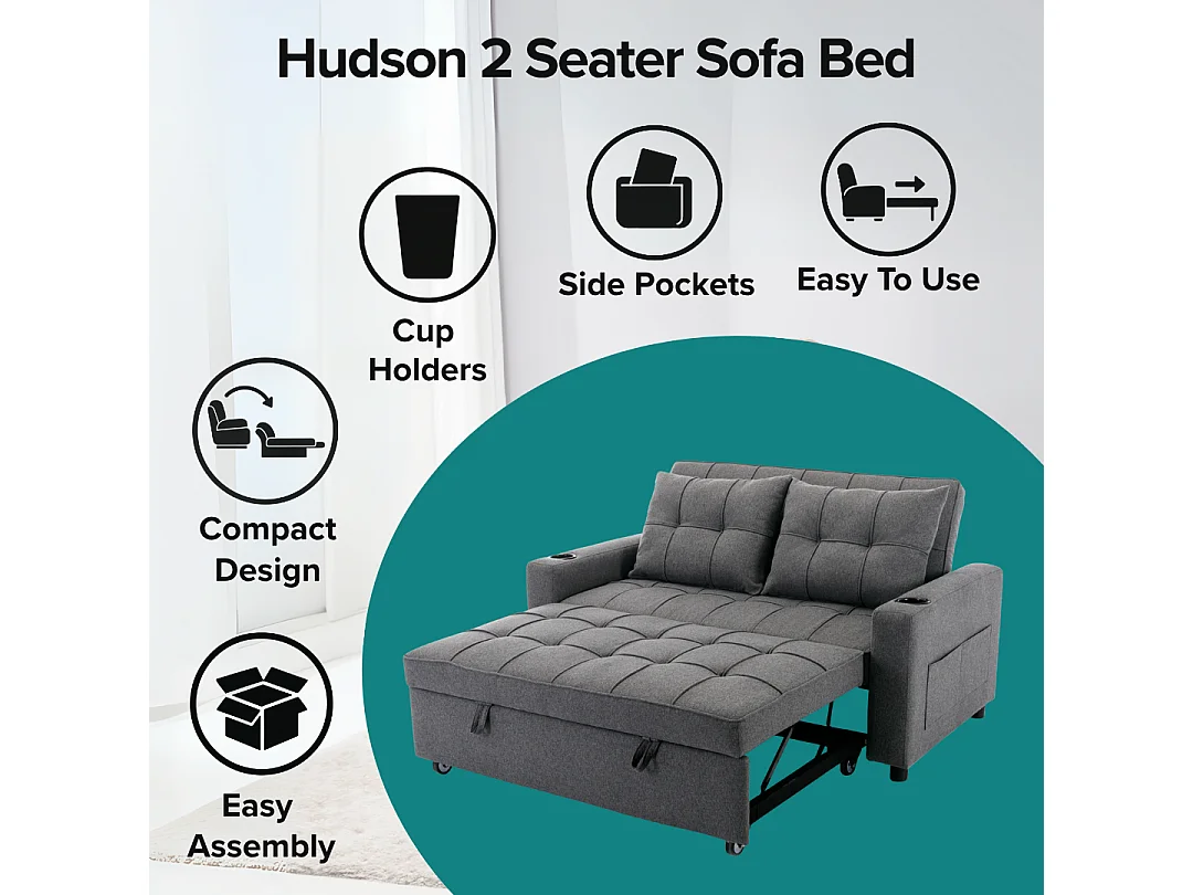 Hudson 2-Seater Sofa Bed Linen Fabric with Cup Holders
