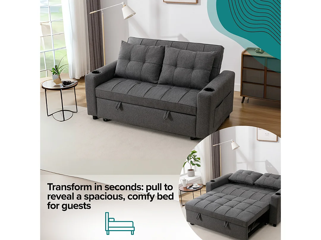 Hudson 2-Seater Sofa Bed Linen Fabric with Cup Holders