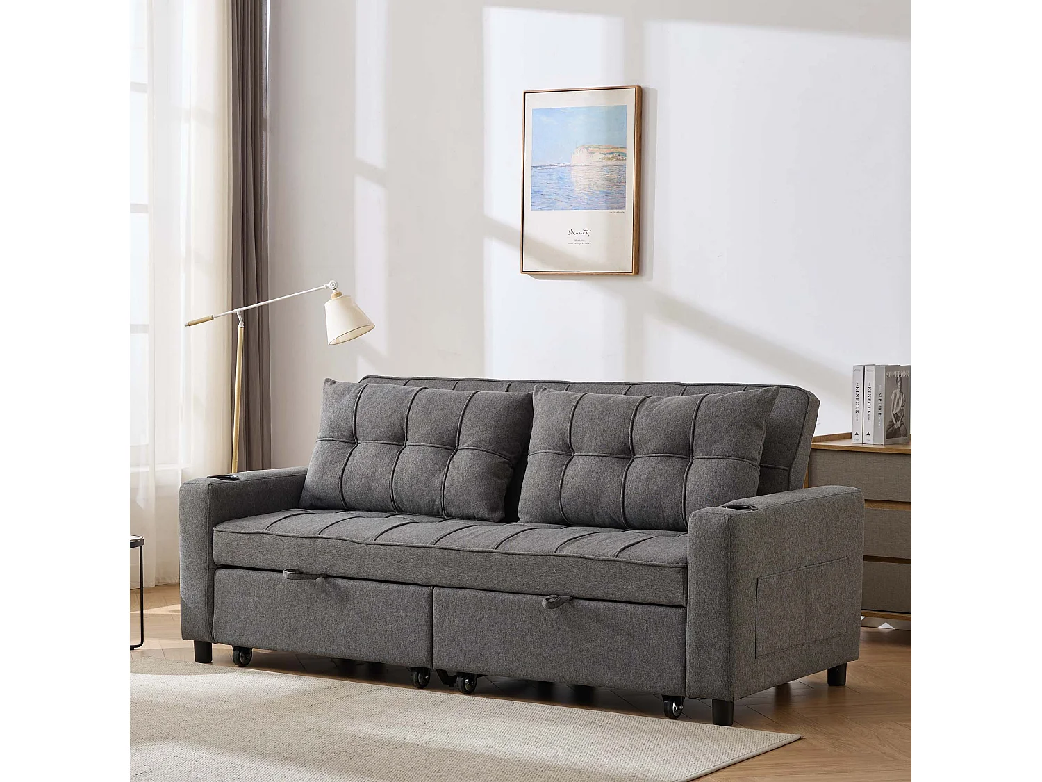 Hudson 3-Seater Sofa Bed Linen Fabric with Cup Holders