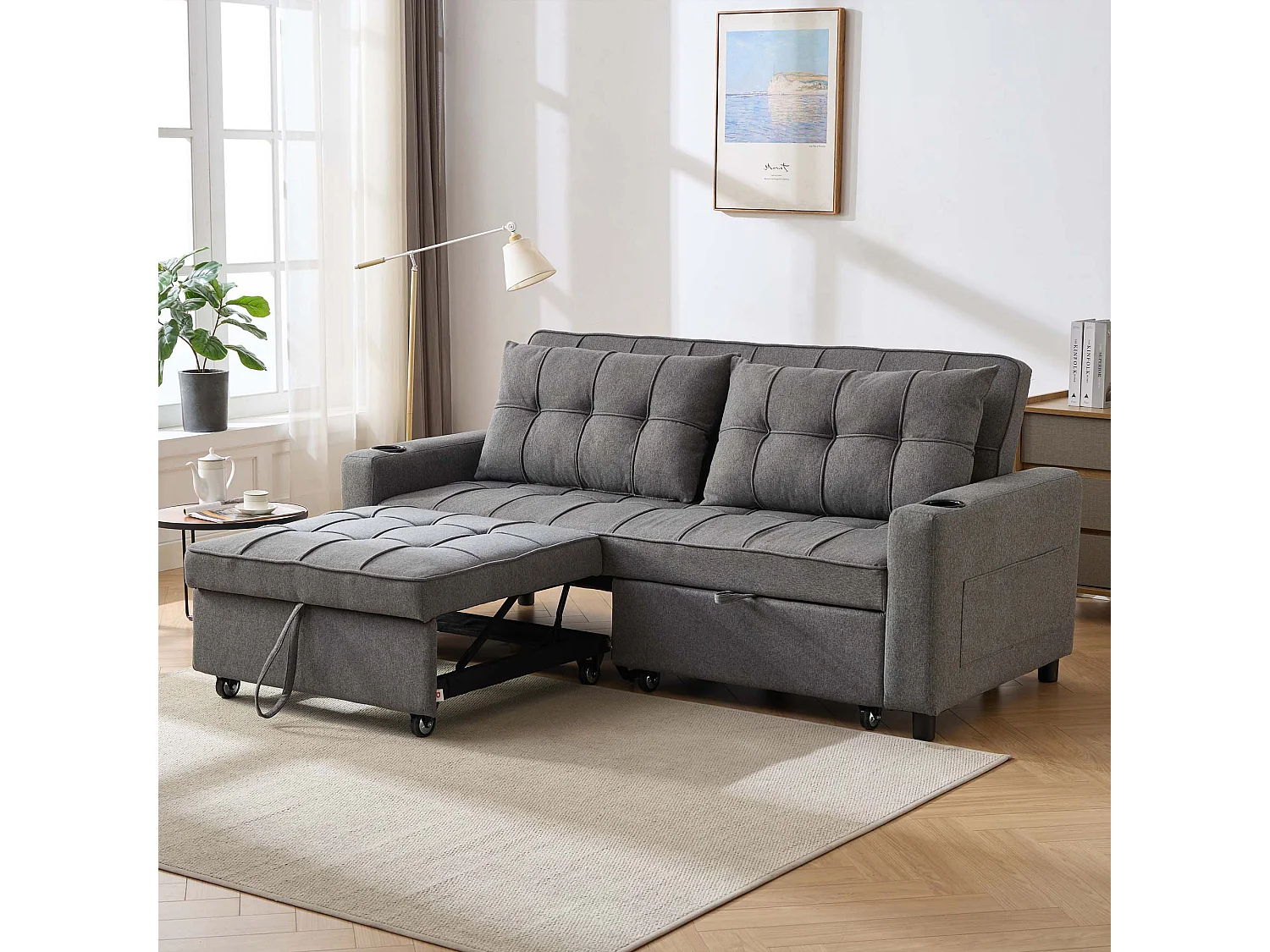 Hudson 3-Seater Sofa Bed Linen Fabric with Cup Holders