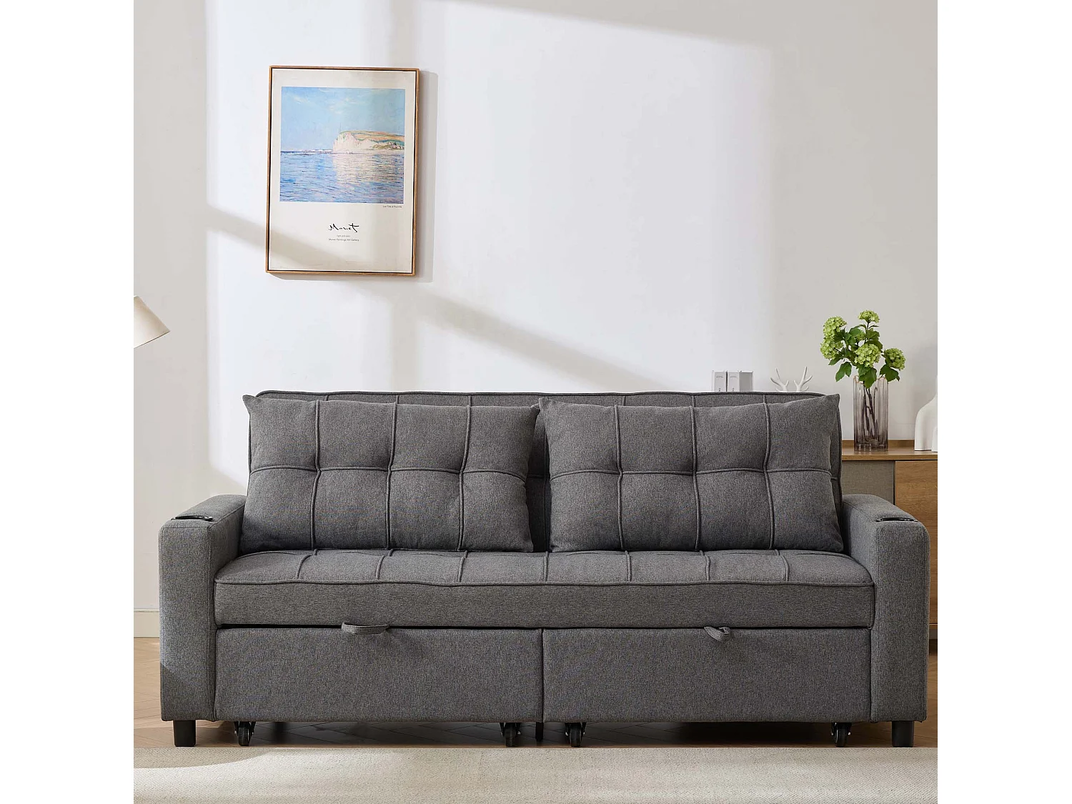 Hudson 3-Seater Sofa Bed Linen Fabric with Cup Holders