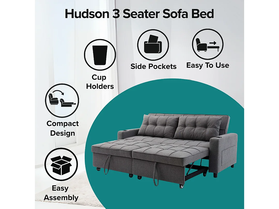 Hudson 3-Seater Sofa Bed Linen Fabric with Cup Holders