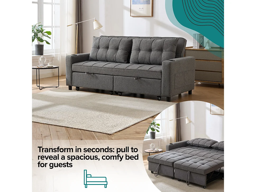 Hudson 3-Seater Sofa Bed Linen Fabric with Cup Holders