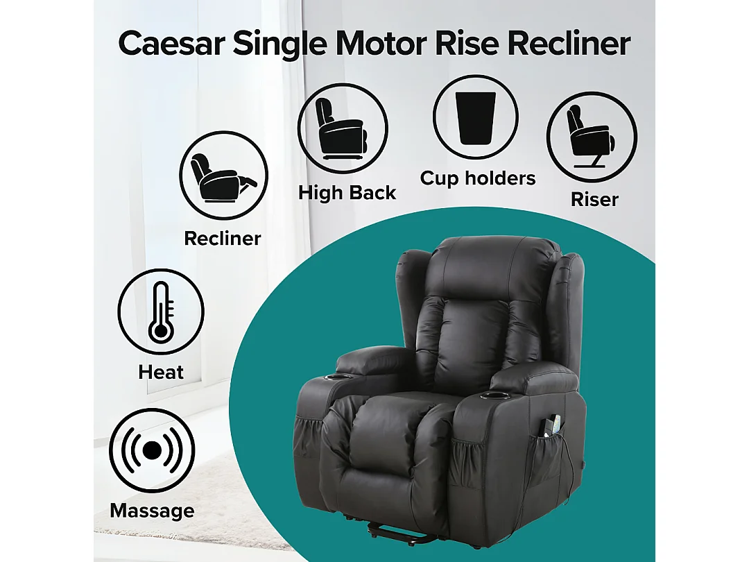 Caesar Single Motor Rise Recliner Bonded Leather Heat & Massage Chair