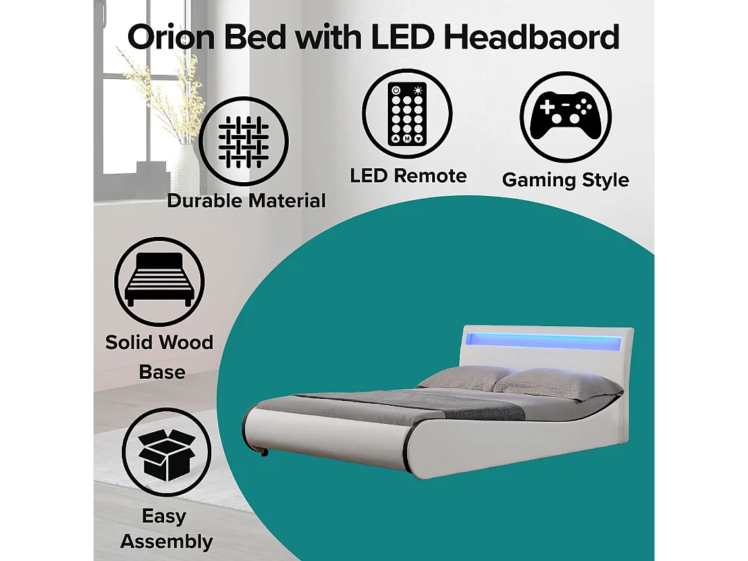 Orion LED Lights Headboard Gaming Style Faux Leather Bed Frame w 15cm Comfort Foam Mattress