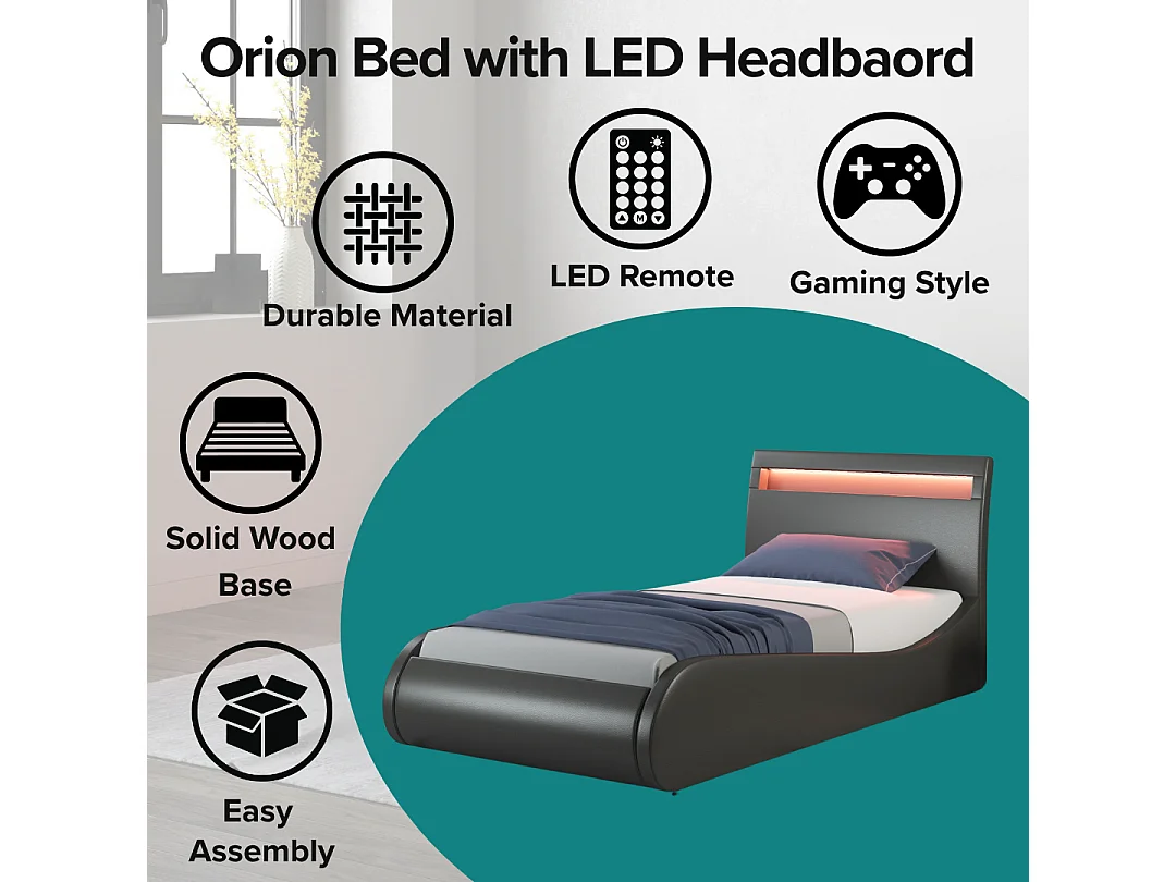 Orion LED Lights Headboard Gaming Style Faux Leather Bed Frame