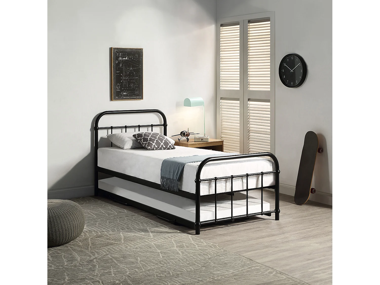 Tewin Vintage Hospital Style Single Metal Bed Frame w Guest Trundle