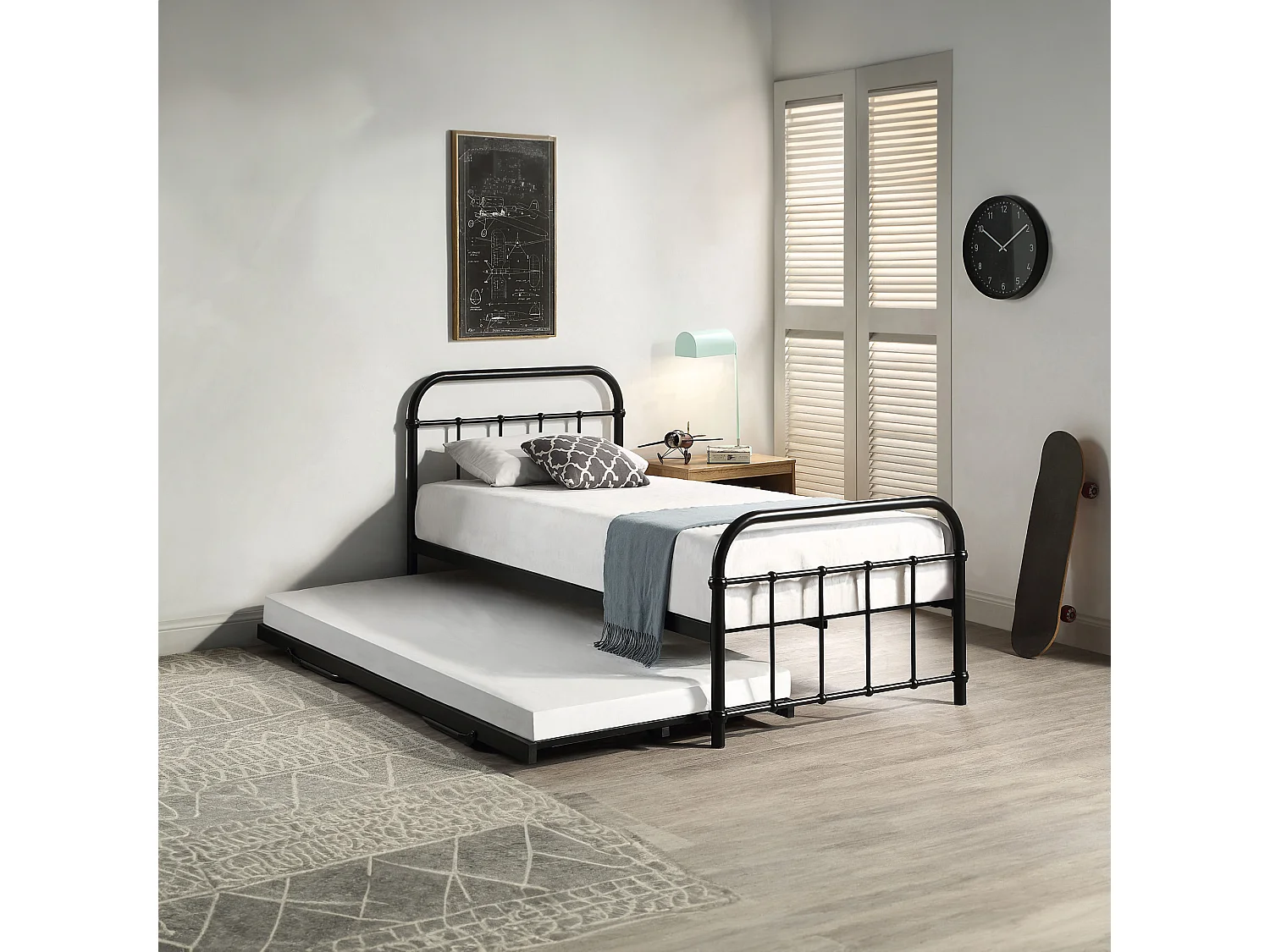 Tewin Vintage Hospital Style Single Metal Bed Frame w Guest Trundle