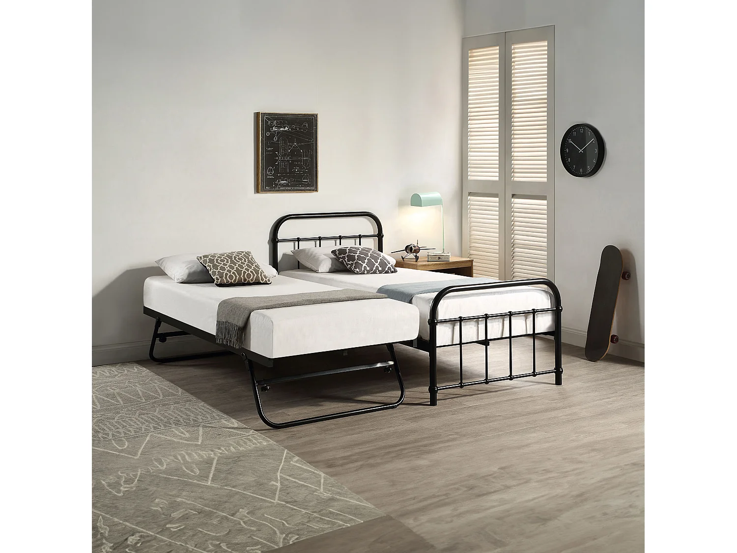 Tewin Vintage Hospital Style Single Metal Bed Frame w Guest Trundle