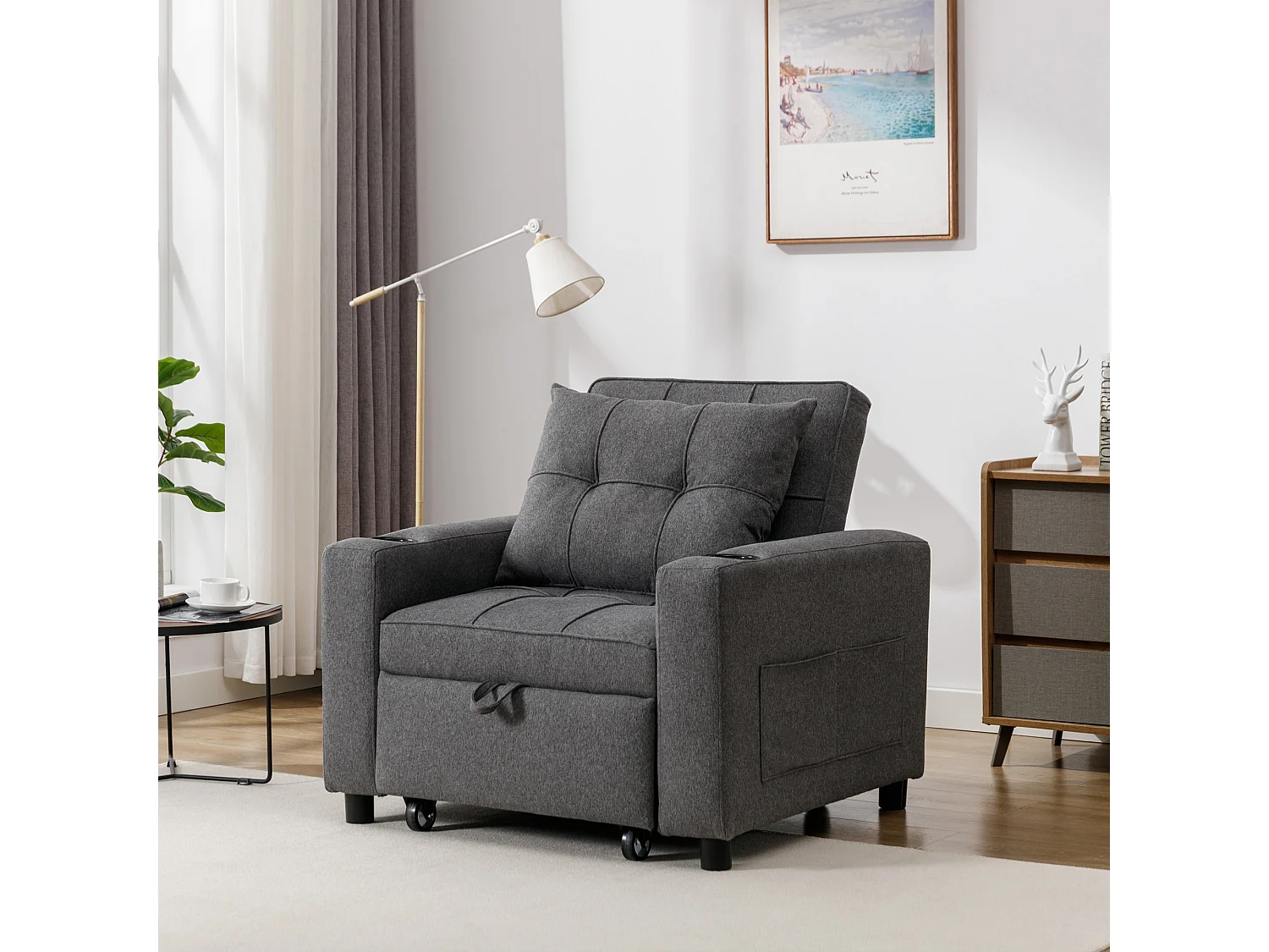 Hudson 1-Seater Sofa Bed Linen Fabric with Cup Holders