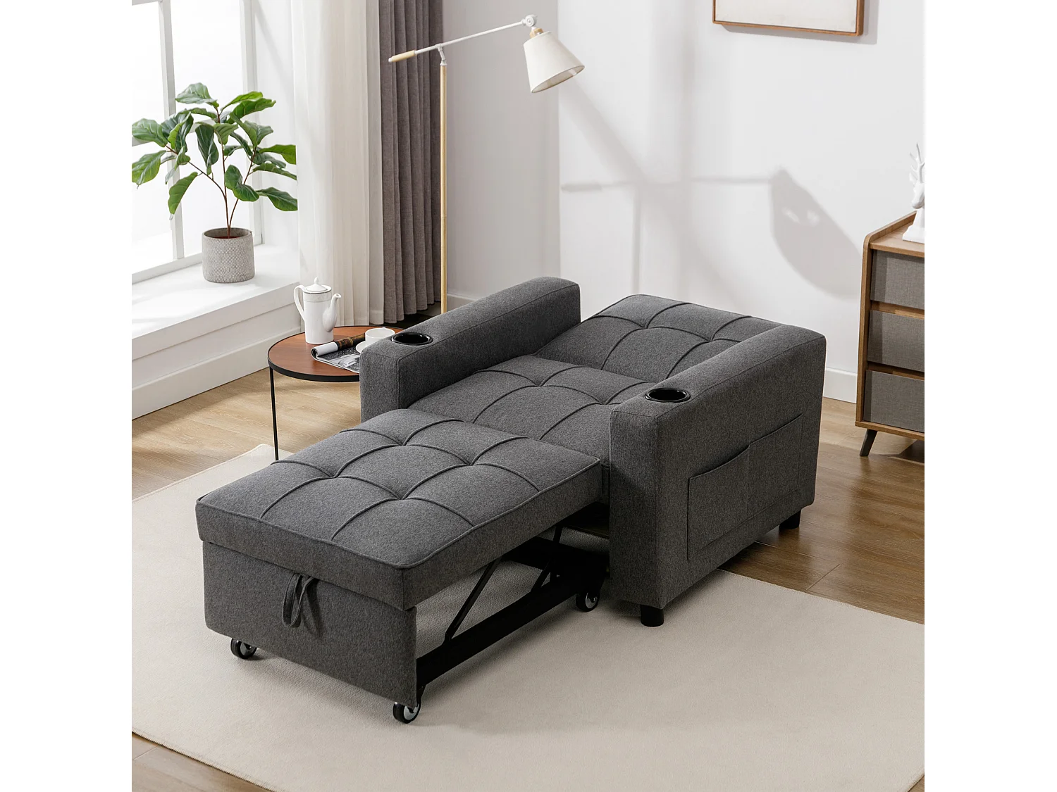 Hudson 1-Seater Sofa Bed Linen Fabric with Cup Holders