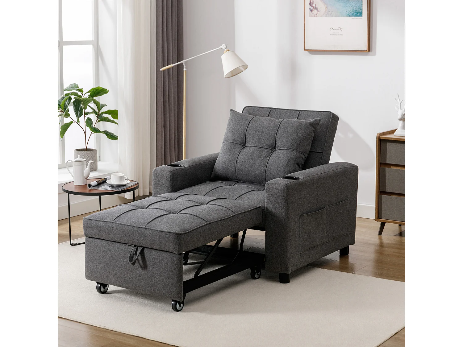 Hudson 1-Seater Sofa Bed Linen Fabric with Cup Holders