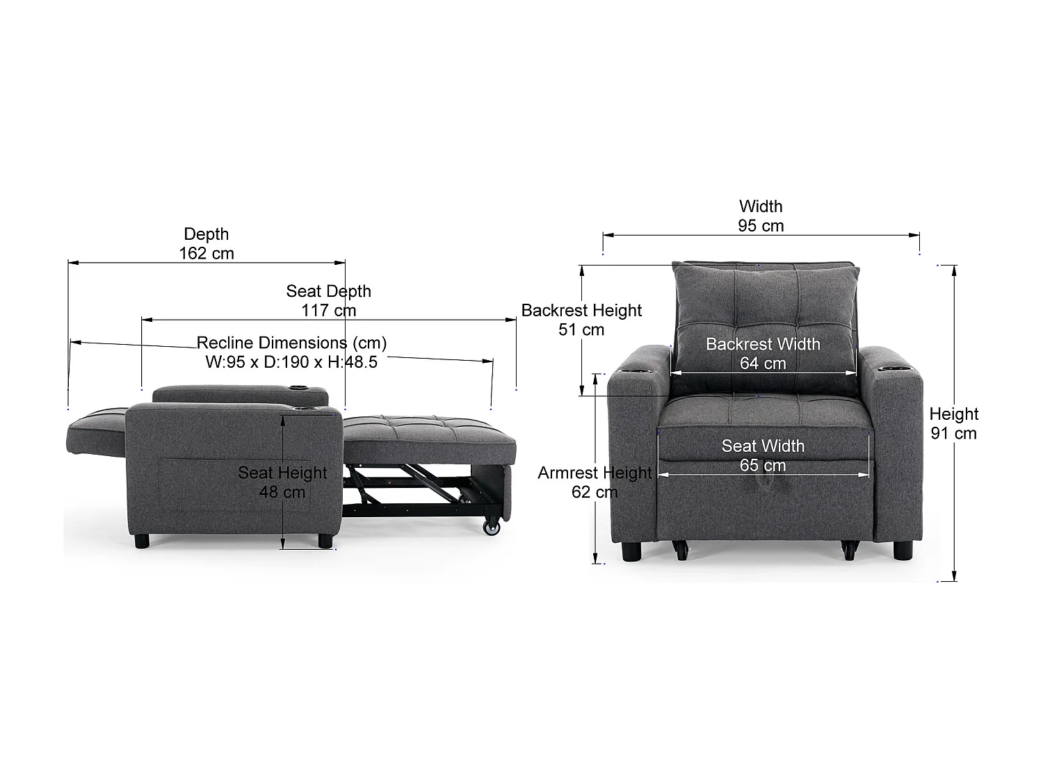 Hudson 1-Seater Sofa Bed Linen Fabric with Cup Holders