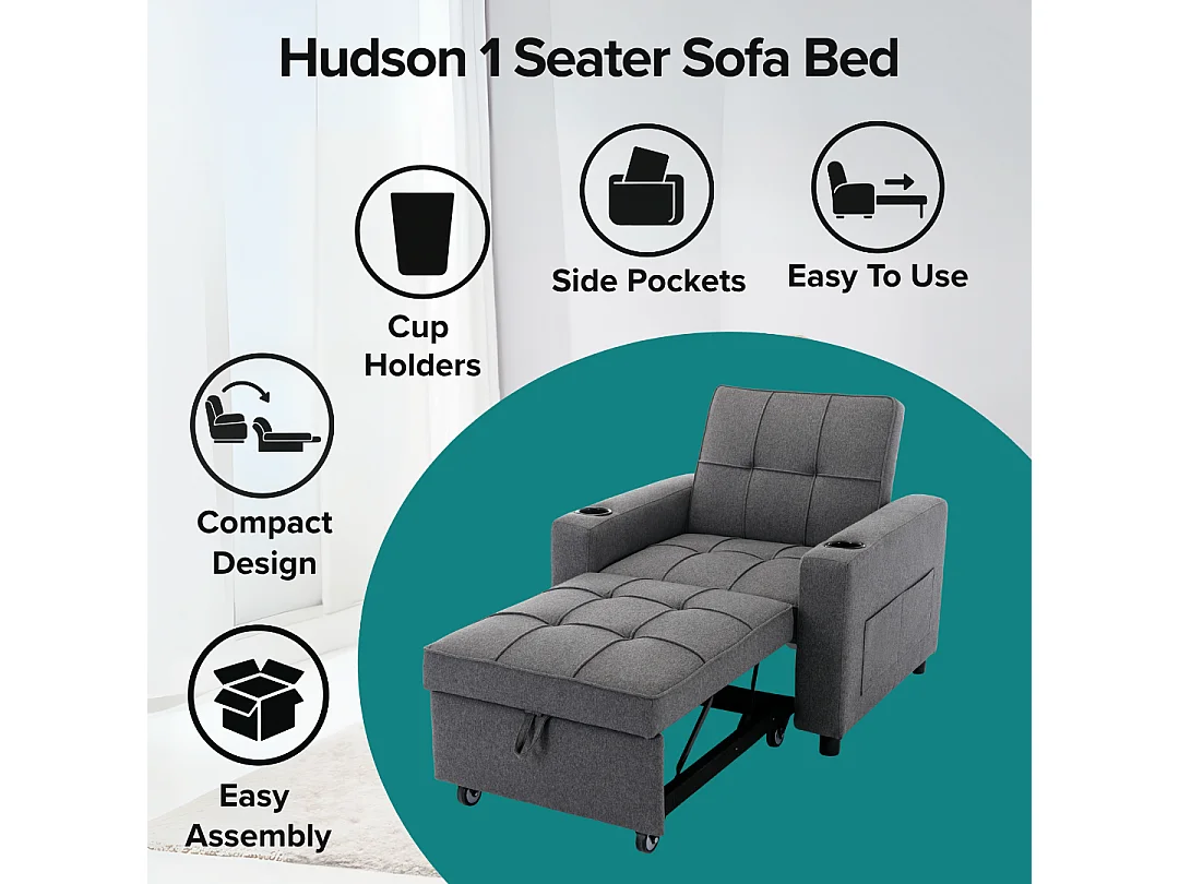 Hudson 1-Seater Sofa Bed Linen Fabric with Cup Holders