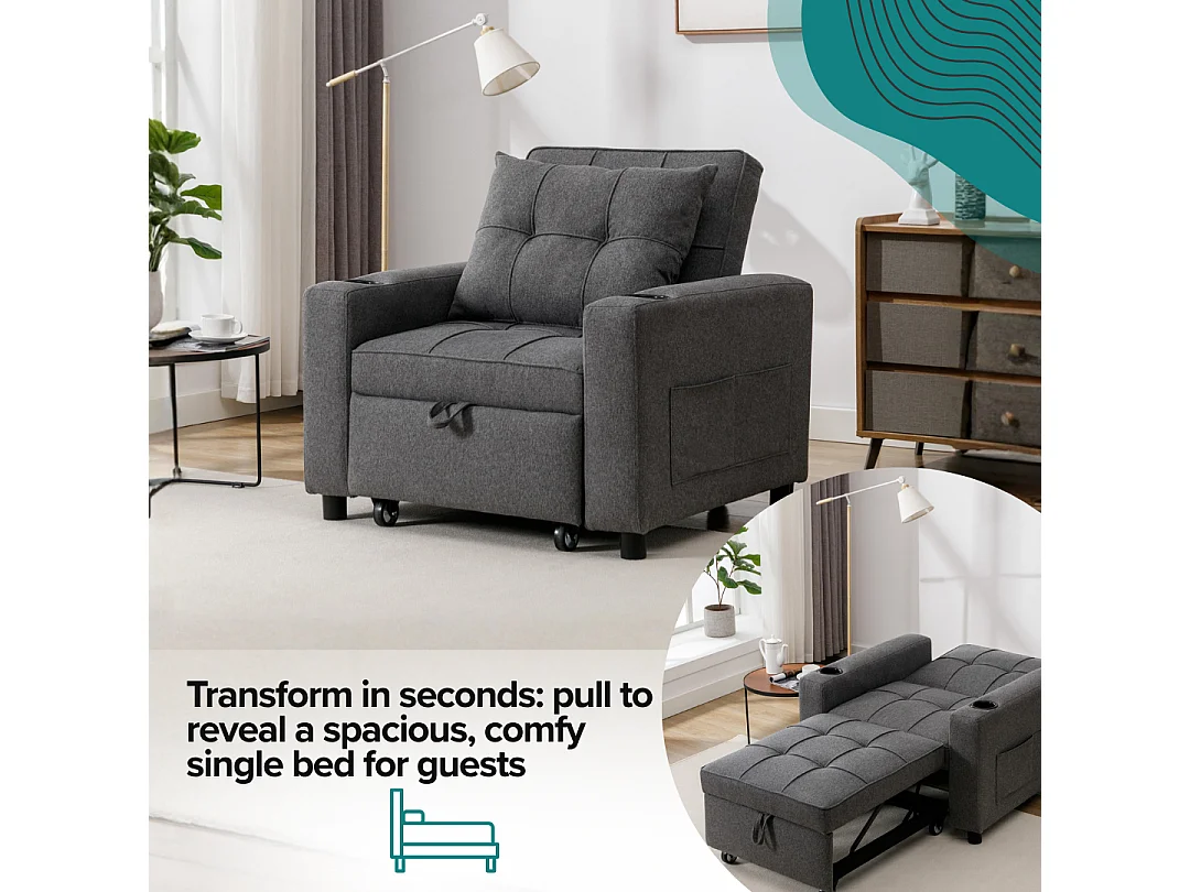 Hudson 1-Seater Sofa Bed Linen Fabric with Cup Holders