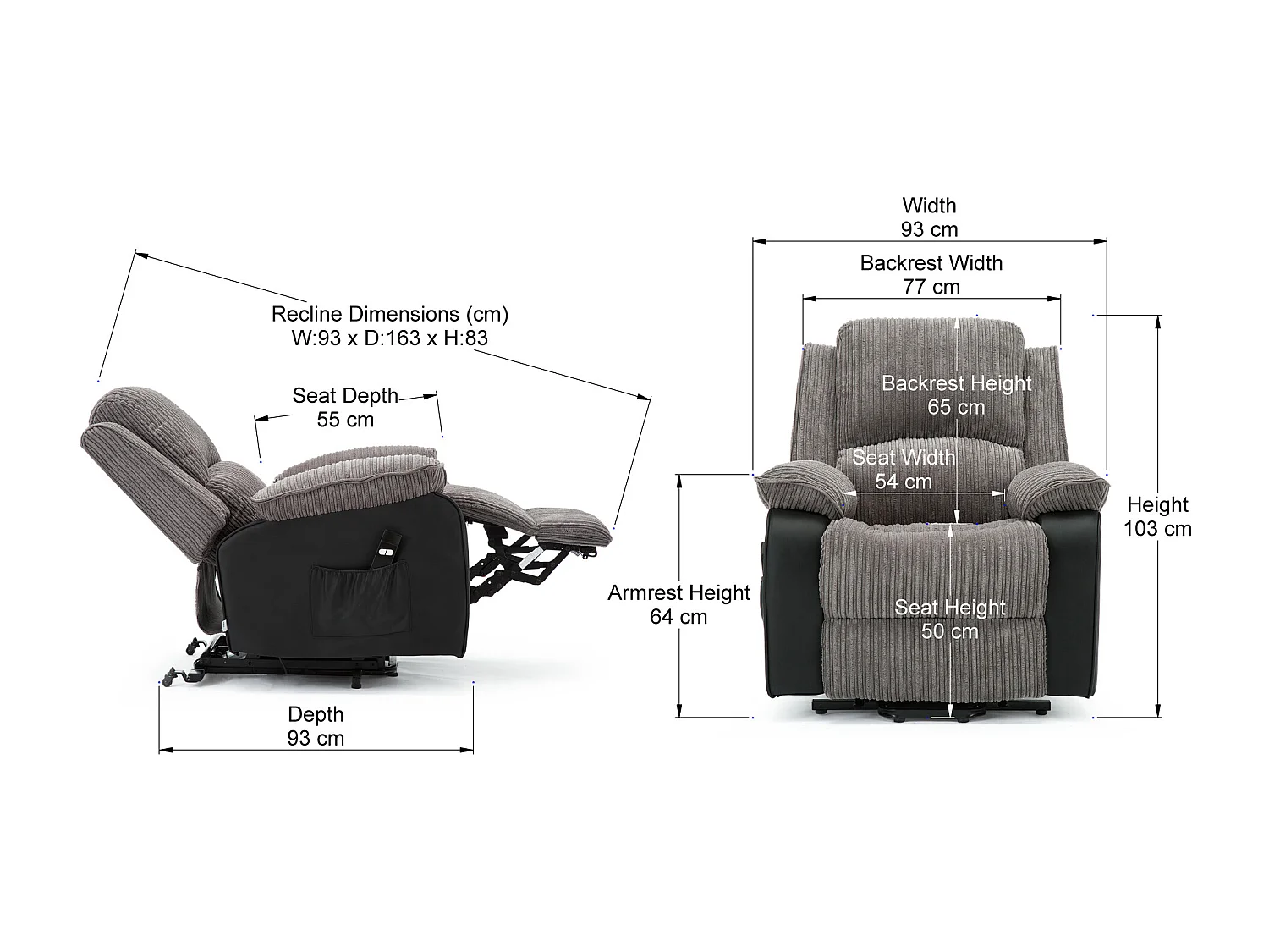 Postana Single Motor Electric Rise Recliner Jumbo Cord Fabric Chair