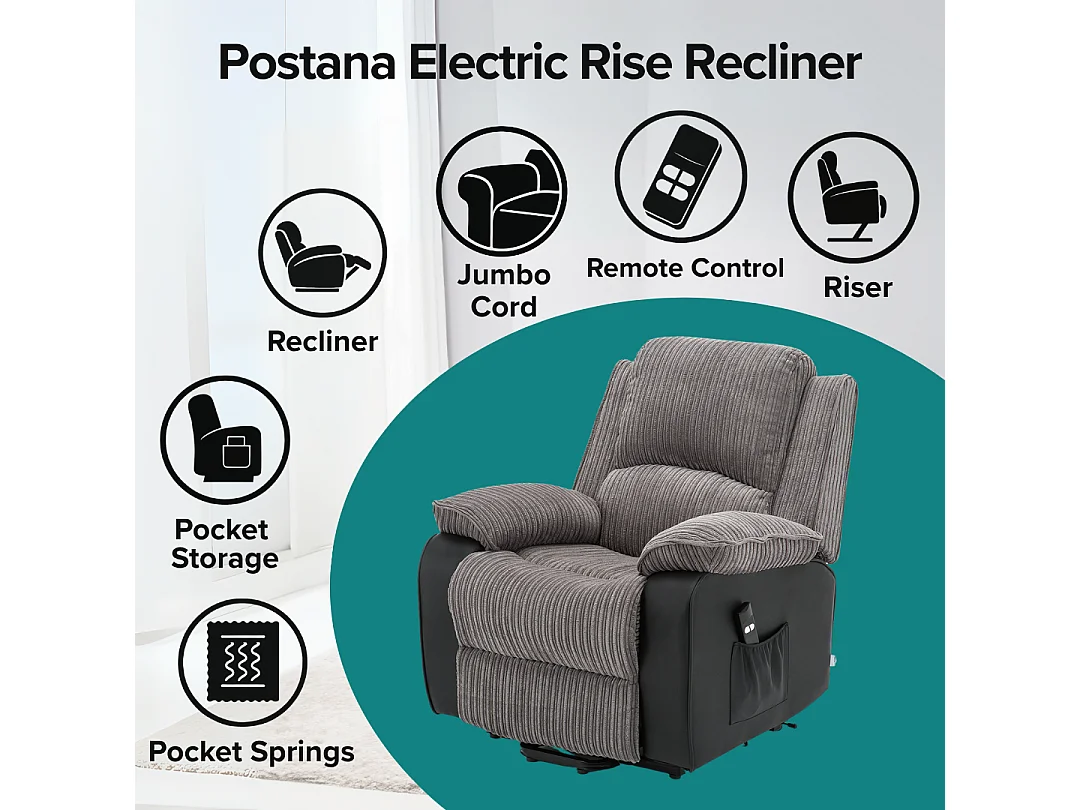 Postana Single Motor Electric Rise Recliner Jumbo Cord Fabric Chair