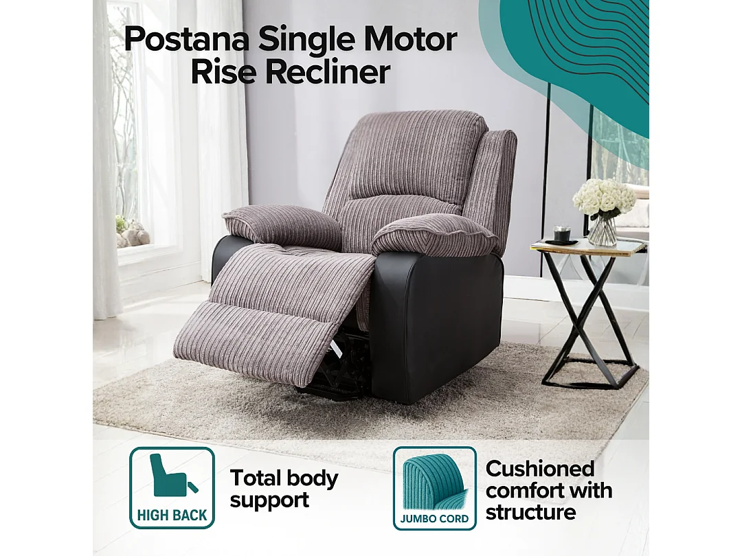 Postana Single Motor Electric Rise Recliner Jumbo Cord Fabric Chair