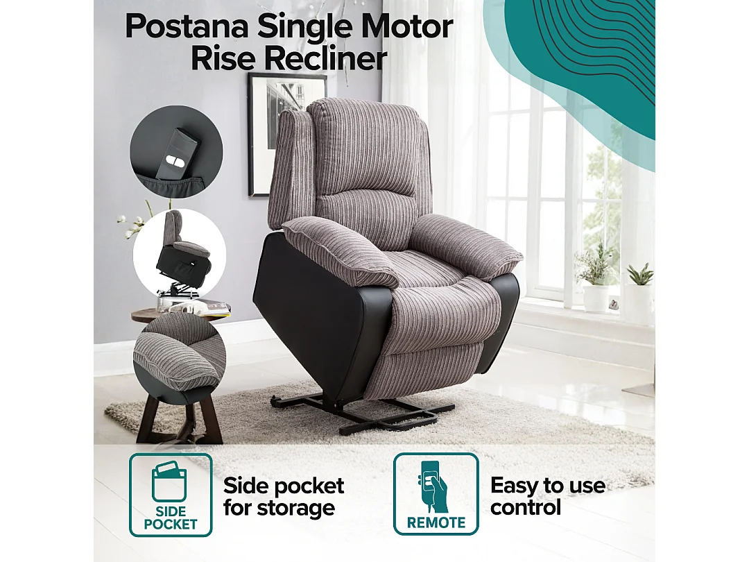 Postana Single Motor Electric Rise Recliner Jumbo Cord Fabric Chair