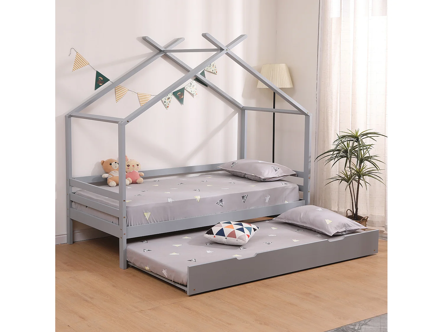 Teddy Kids Childrens Wooden House Single Bed Frame w Guest Trundle Bed
