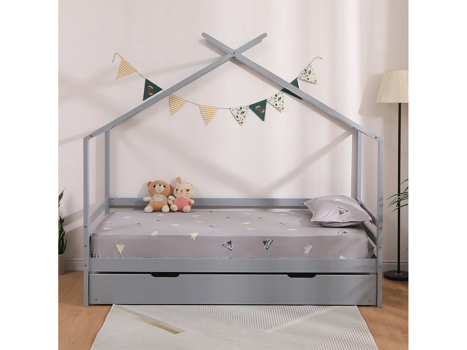 Teddy Kids Childrens Wooden House Single Bed Frame w Guest Trundle Bed