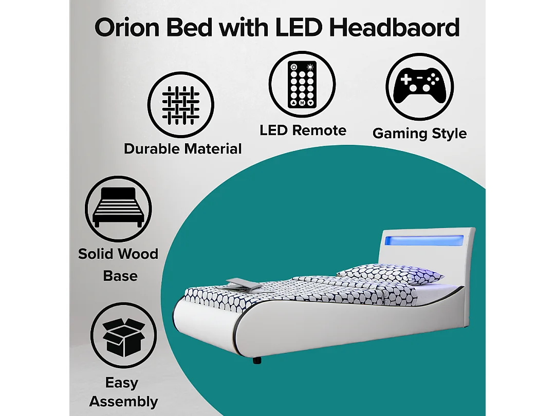 Orion LED Lights Headboard Gaming Style Faux Leather Bed Frame w 15cm Comfort Foam Mattress