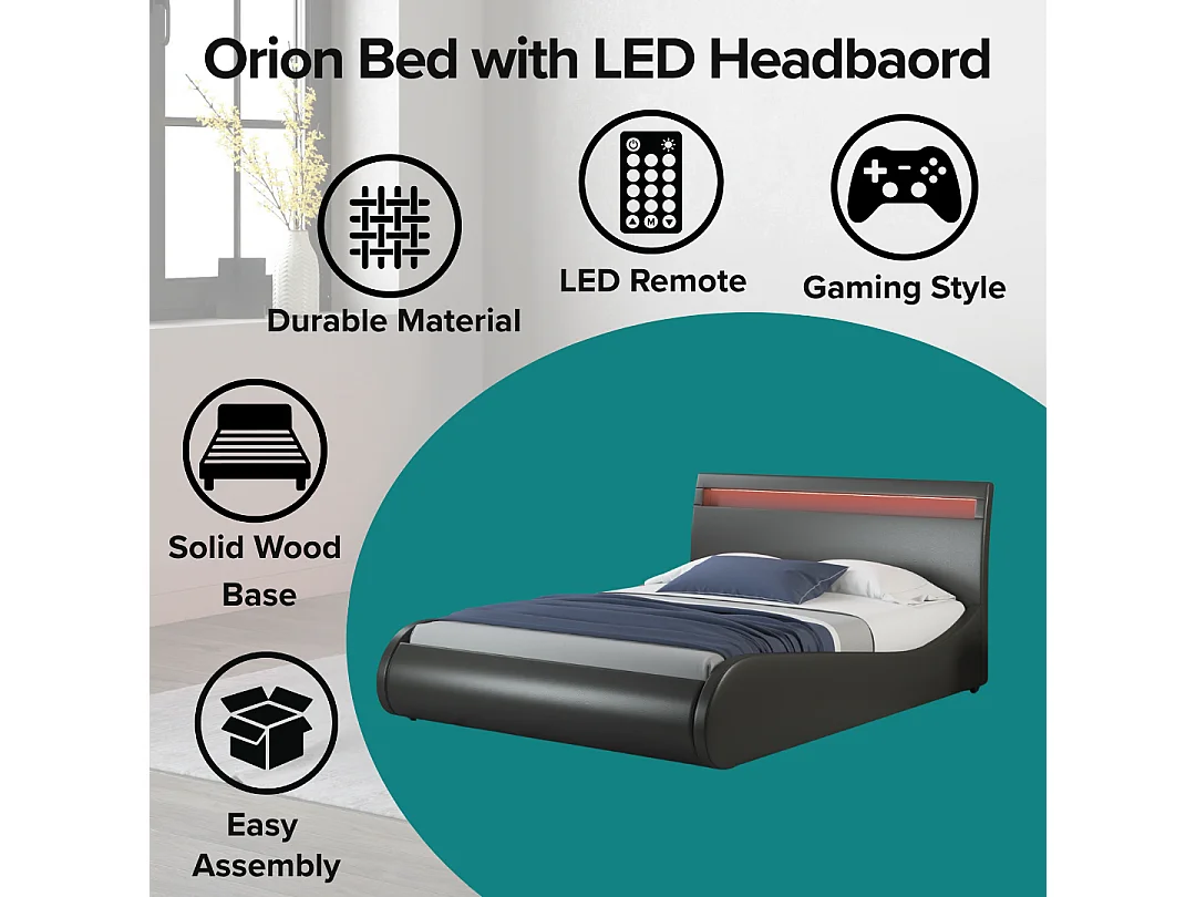 Orion LED Lights Headboard Gaming Style Faux Leather Bed Frame w 25cm Deep Pocket Memory Foam Mattress