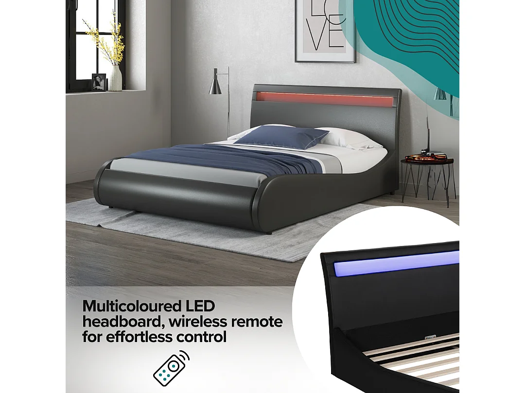 Orion LED Lights Headboard Gaming Style Faux Leather Bed Frame w 25cm Deep Pocket Memory Foam Mattress