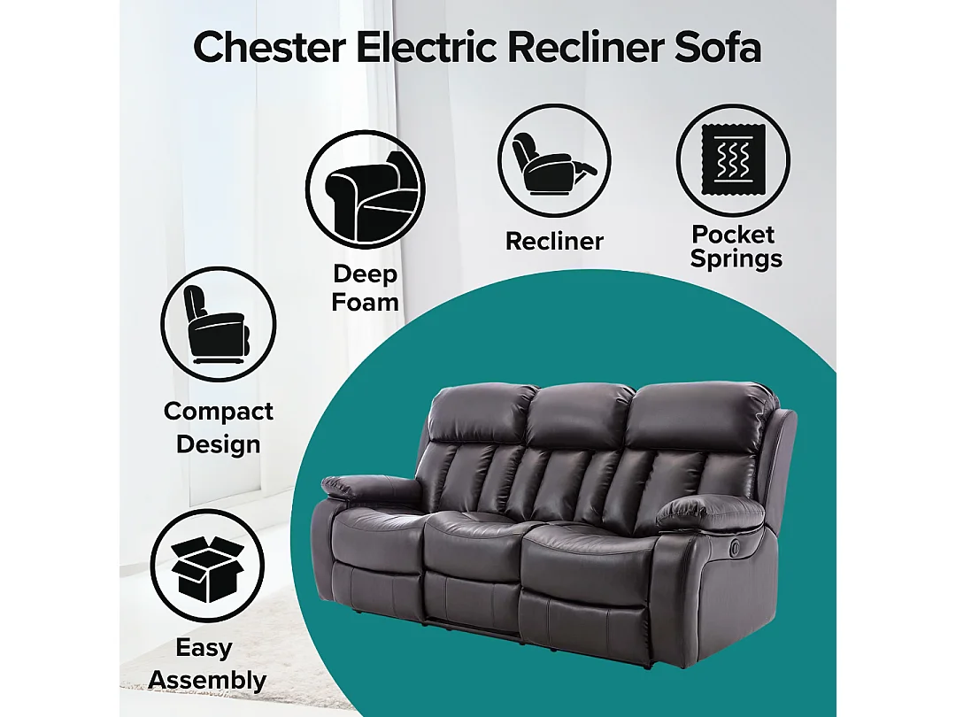 Chester 3 Seater Electric High Back Bonded Leather Recliner Sofa