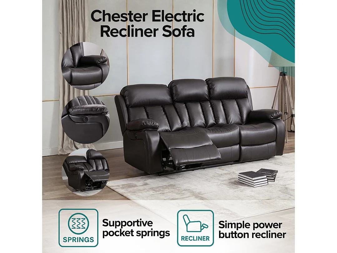 Chester 3 Seater Electric High Back Bonded Leather Recliner Sofa